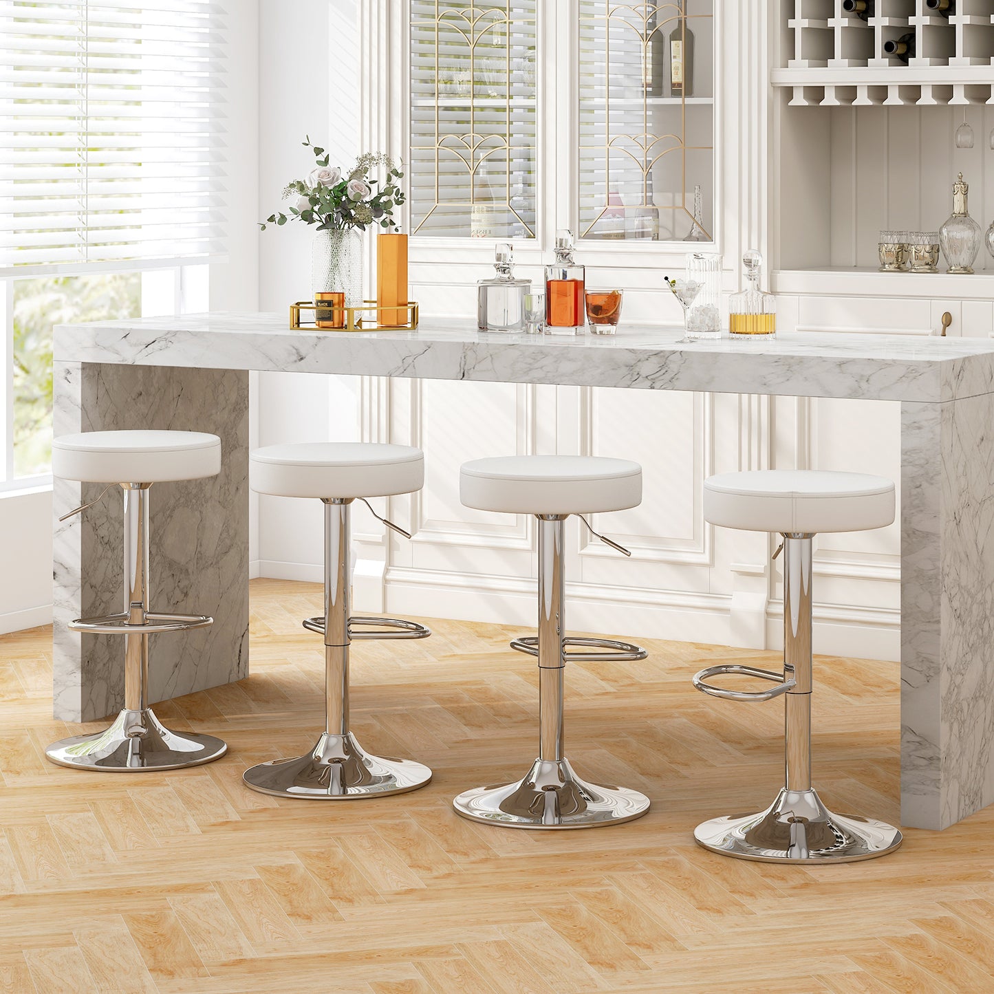 Adjustable Swivel Round Bar Stool with PU Leather Seat and Chrome Base, Set of 2 - White