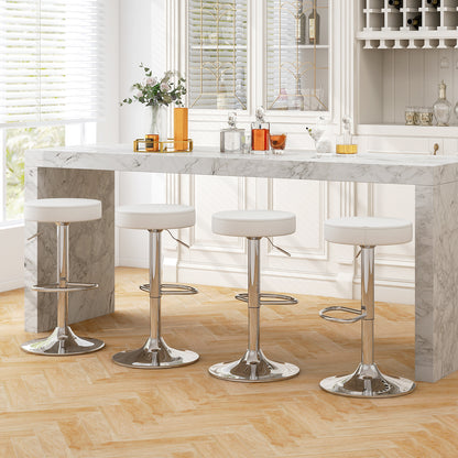 Adjustable Swivel Round Bar Stool with PU Leather Seat and Chrome Base, Set of 2 - White