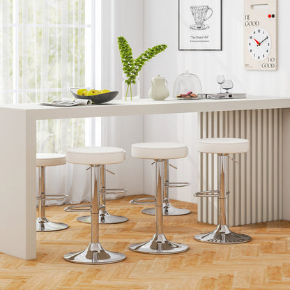 Adjustable Swivel Round Bar Stool with PU Leather Seat and Chrome Base, Set of 2 - White