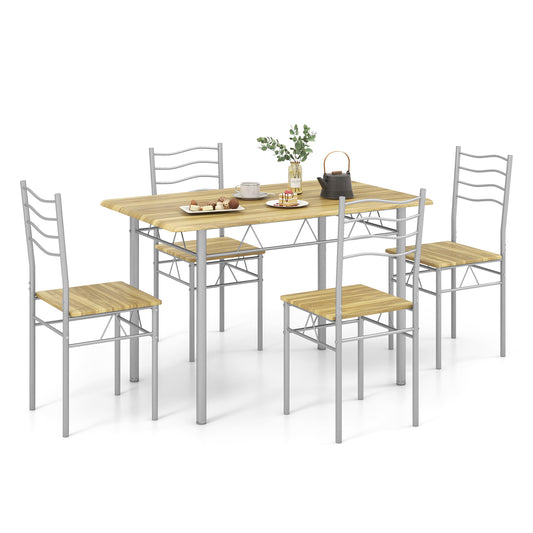 Modern 5 Piece Dining Set with Rectangular Table and Metal Frame Chairs - Walnut