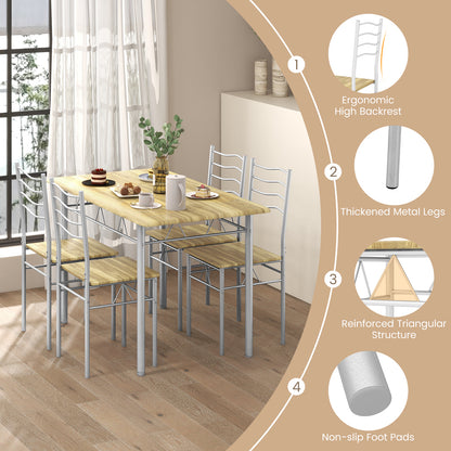 Modern 5 Piece Dining Set with Rectangular Table and Metal Frame Chairs - Walnut