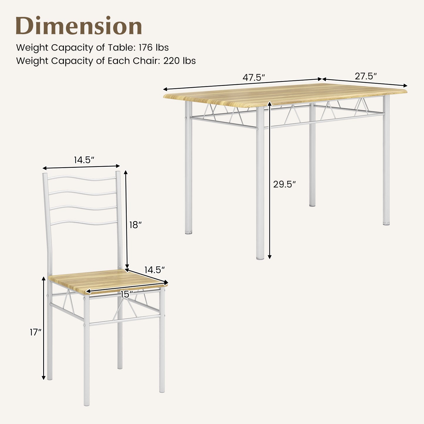 Modern 5 Piece Dining Set with Rectangular Table and Metal Frame Chairs - Walnut