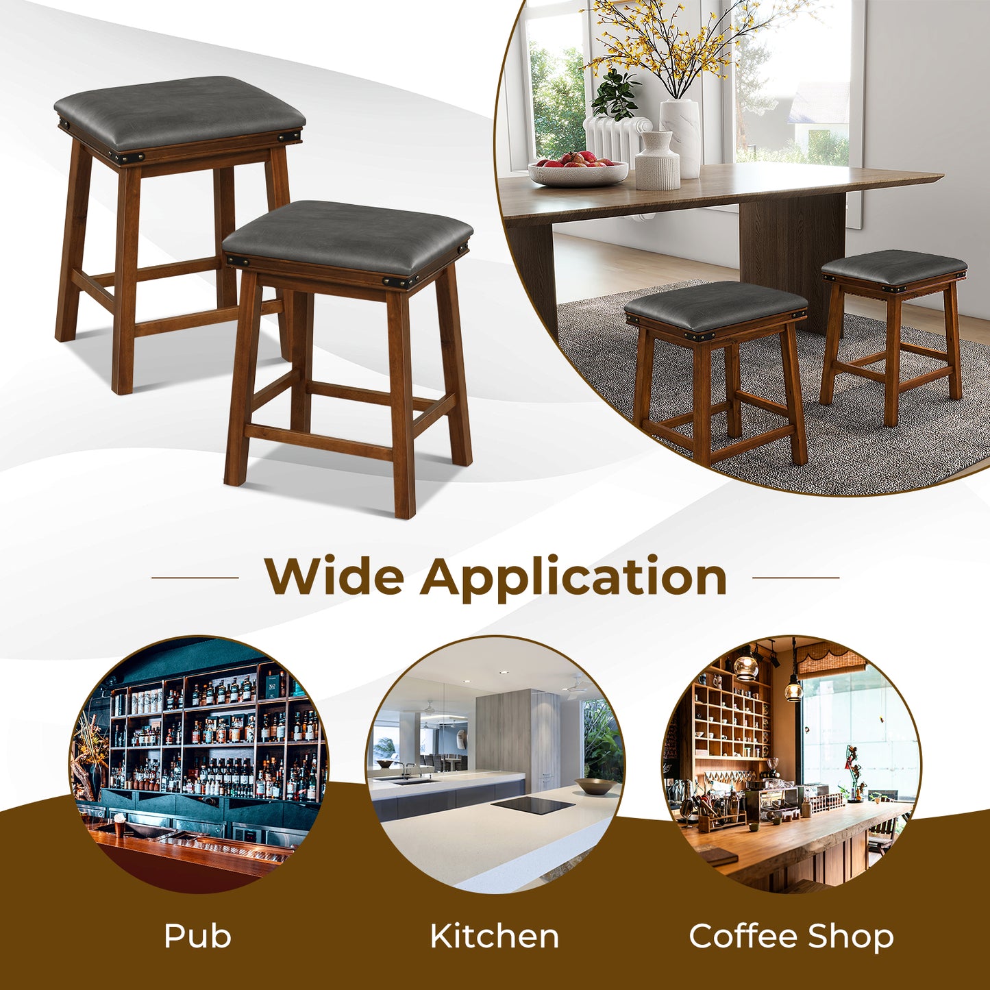 Pair of Saddle Seat Bar Stools with Brown Solid Wood Frame, 24 Inch Height