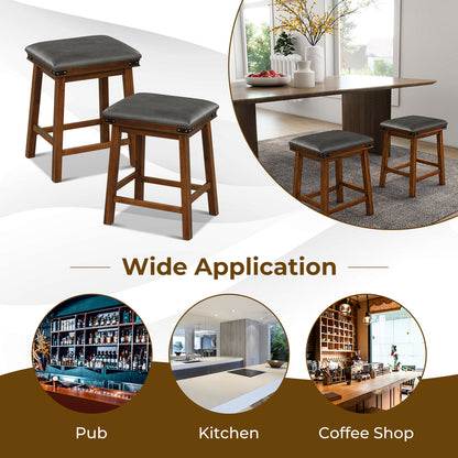 Pair of Saddle Seat Bar Stools with Brown Solid Wood Frame, 24 Inch Height