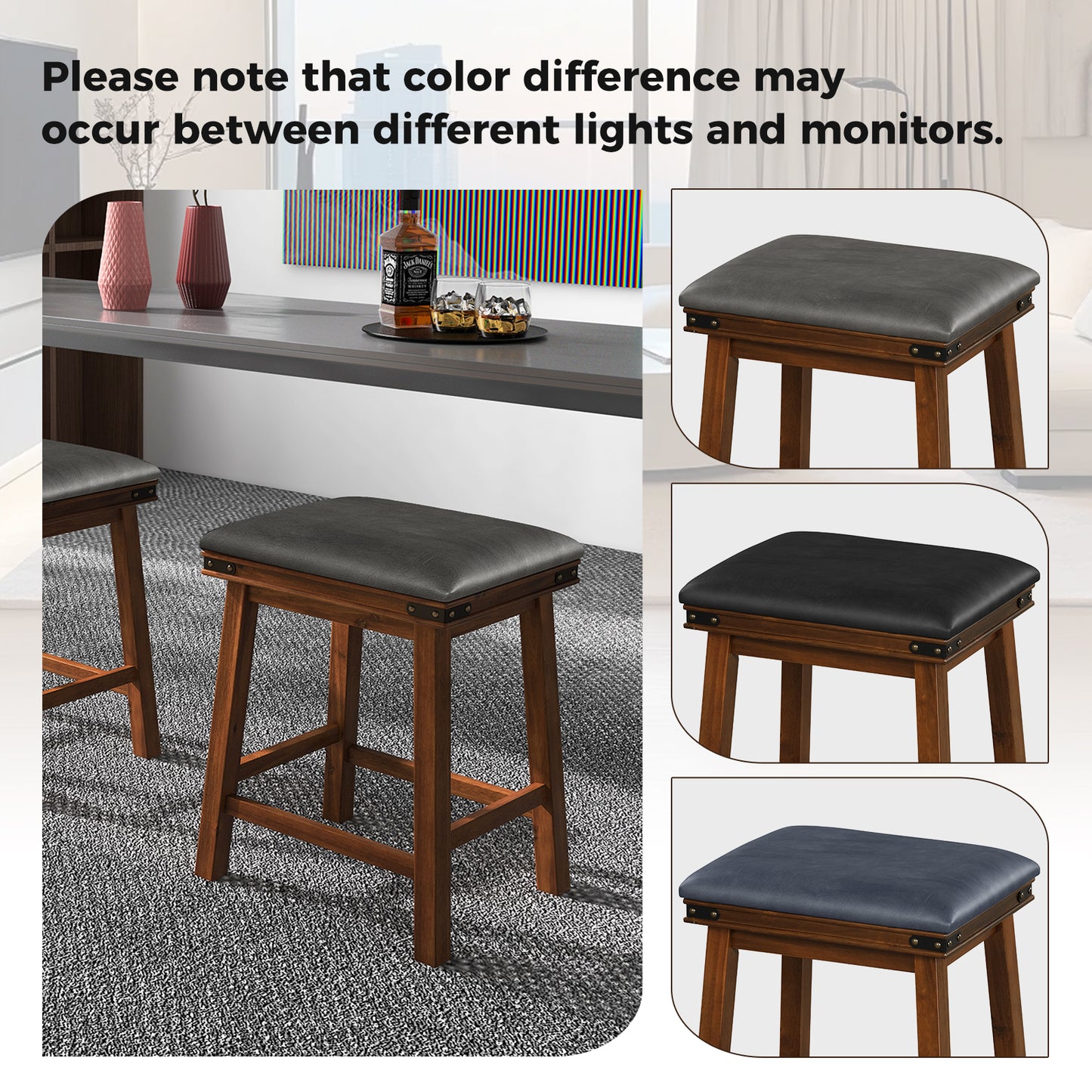 Pair of Saddle Seat Bar Stools with Brown Solid Wood Frame, 24 Inch Height