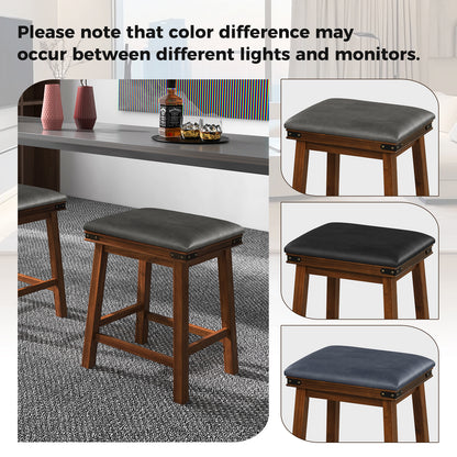Pair of Saddle Seat Bar Stools with Brown Solid Wood Frame, 24 Inch Height