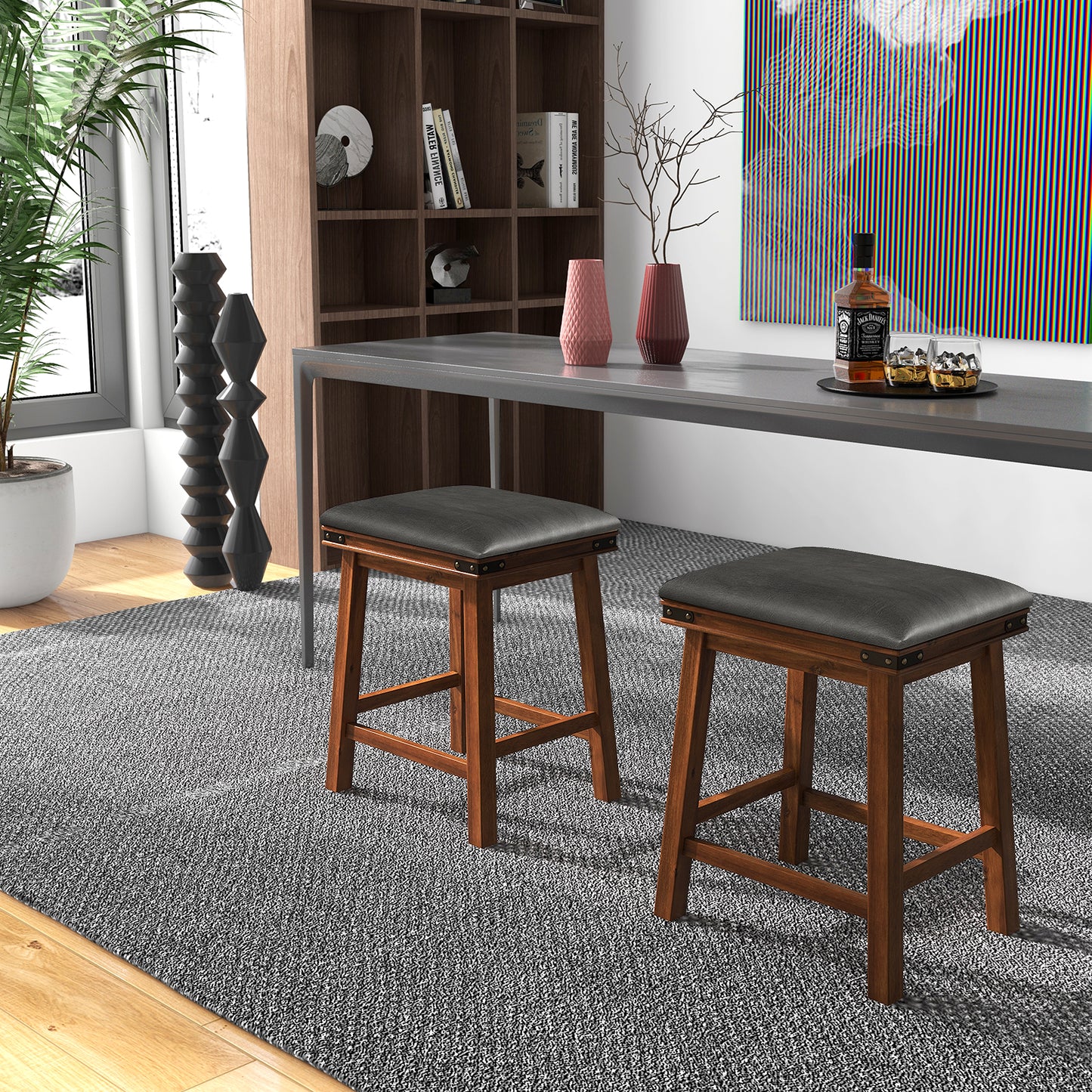 Pair of Saddle Seat Bar Stools with Brown Solid Wood Frame, 24 Inch Height