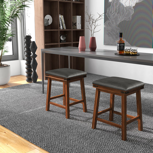 Pair of Saddle Seat Bar Stools with Brown Solid Wood Frame, 24 Inch Height