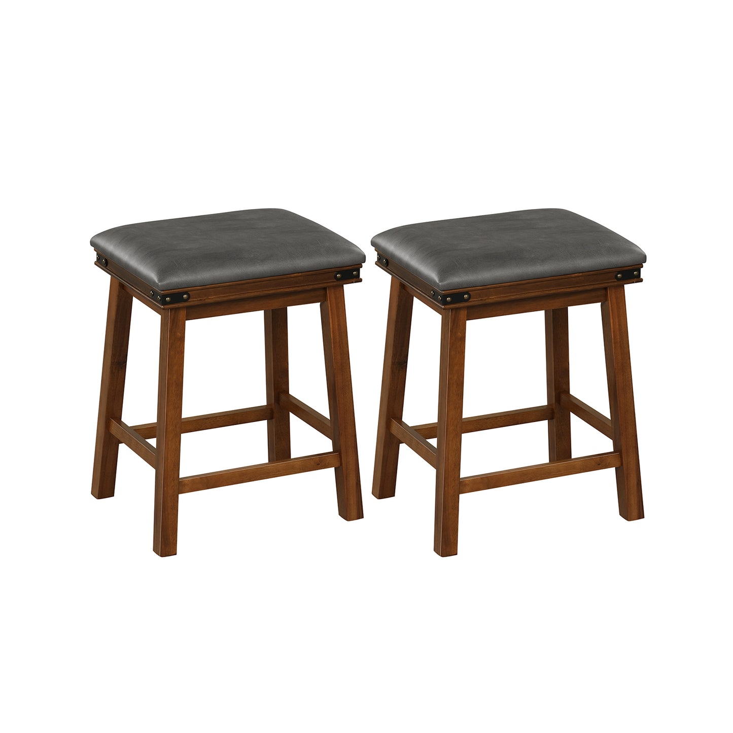 Pair of Saddle Seat Bar Stools with Brown Solid Wood Frame, 24 Inch Height