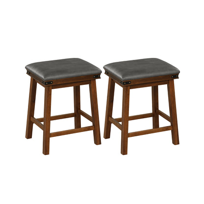 Pair of Saddle Seat Bar Stools with Brown Solid Wood Frame, 24 Inch Height