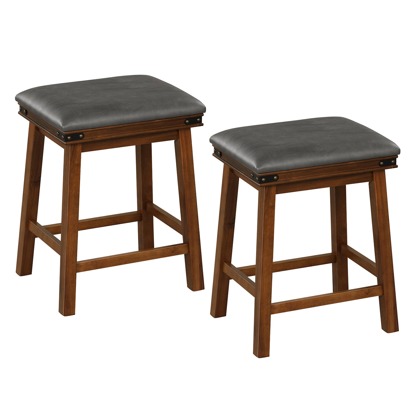 Pair of Saddle Seat Bar Stools with Brown Solid Wood Frame, 24 Inch Height