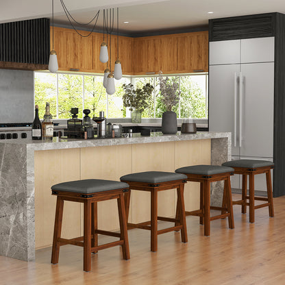 Pair of Saddle Seat Bar Stools with Brown Solid Wood Frame, 24 Inch Height