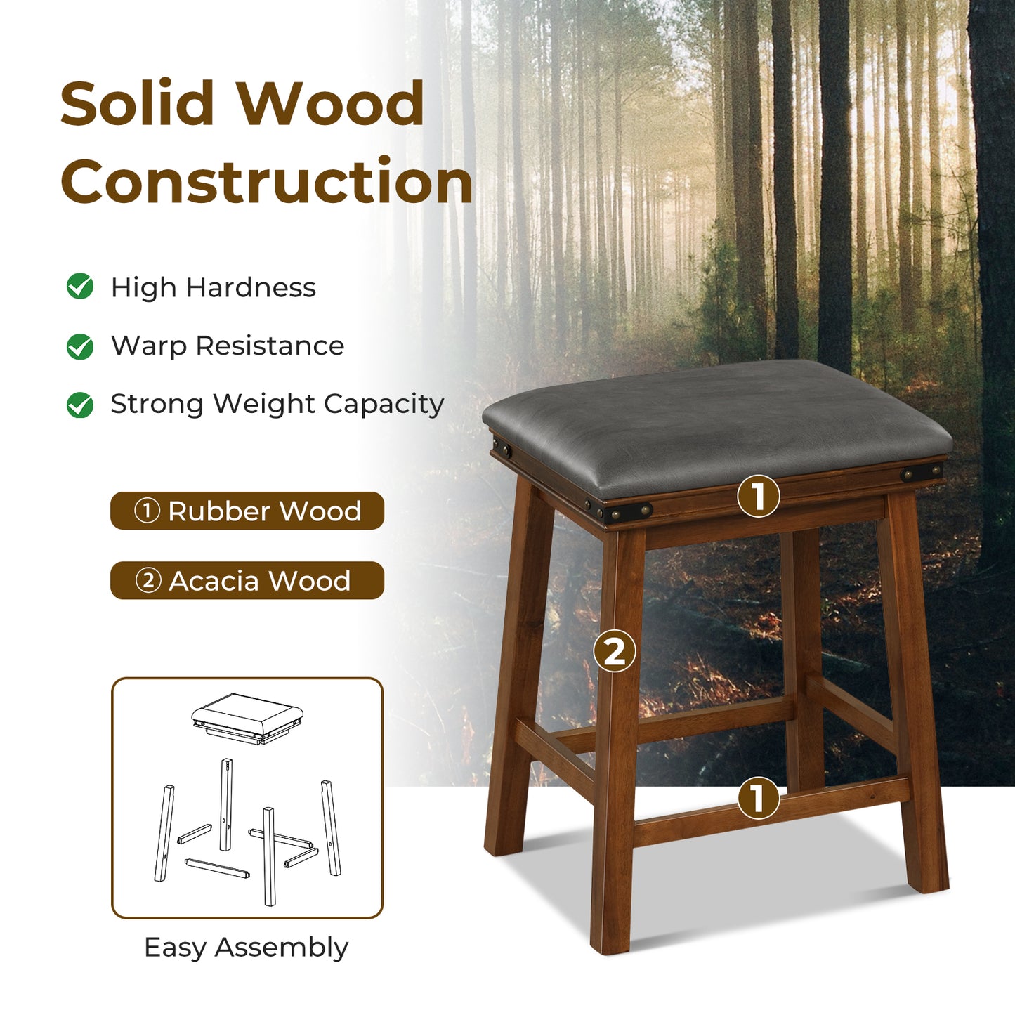 Pair of Saddle Seat Bar Stools with Brown Solid Wood Frame, 24 Inch Height