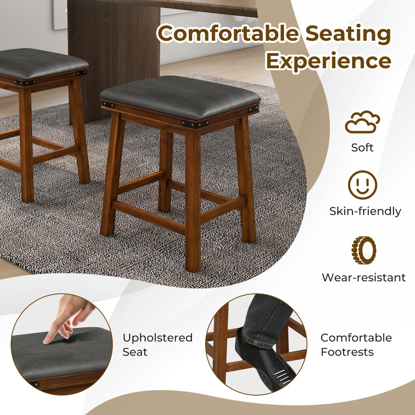 Pair of Saddle Seat Bar Stools with Brown Solid Wood Frame, 24 Inch Height