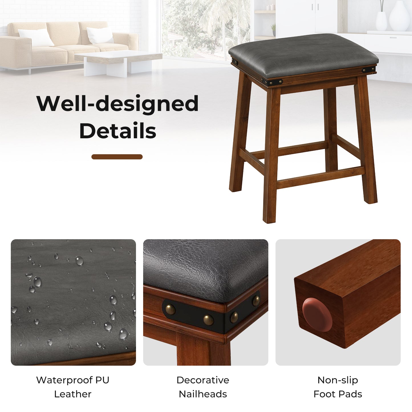 Pair of Saddle Seat Bar Stools with Brown Solid Wood Frame, 24 Inch Height