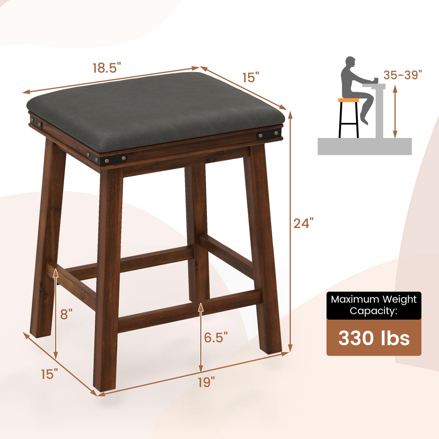 Pair of Saddle Seat Bar Stools with Brown Solid Wood Frame, 24 Inch Height