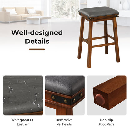 Pair of Saddle Seat Bar Stools with Brown Solid Wood Frame, 30 Inch Height