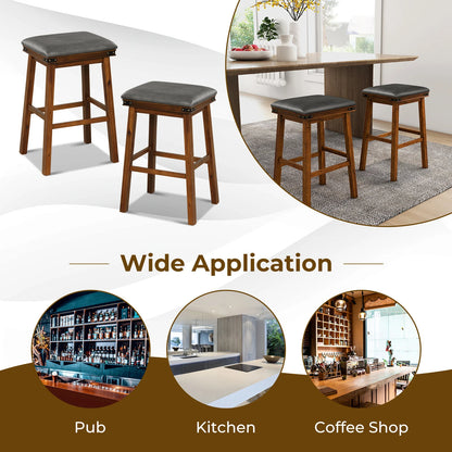 Pair of Saddle Seat Bar Stools with Brown Solid Wood Frame, 30 Inch Height