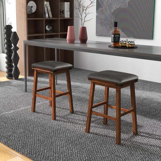 Pair of Saddle Seat Bar Stools with Brown Solid Wood Frame, 30 Inch Height