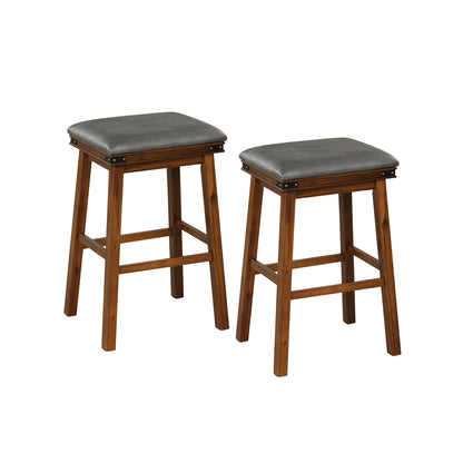 Pair of Saddle Seat Bar Stools with Brown Solid Wood Frame, 30 Inch Height