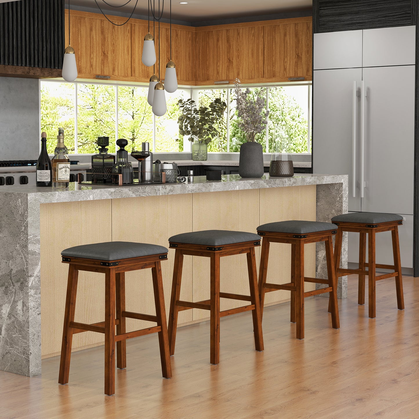 Pair of Saddle Seat Bar Stools with Brown Solid Wood Frame, 30 Inch Height