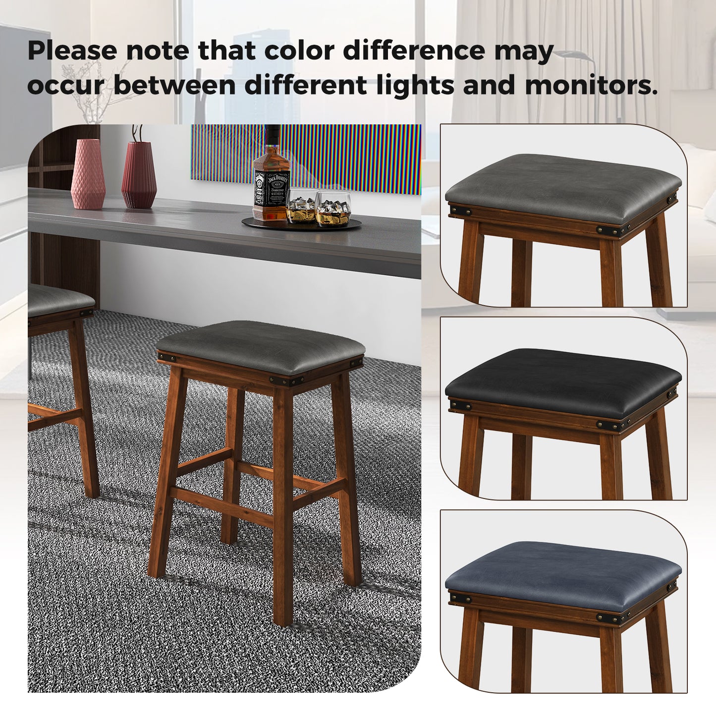 Pair of Saddle Seat Bar Stools with Brown Solid Wood Frame, 30 Inch Height
