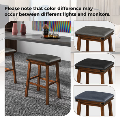 Pair of Saddle Seat Bar Stools with Brown Solid Wood Frame, 30 Inch Height