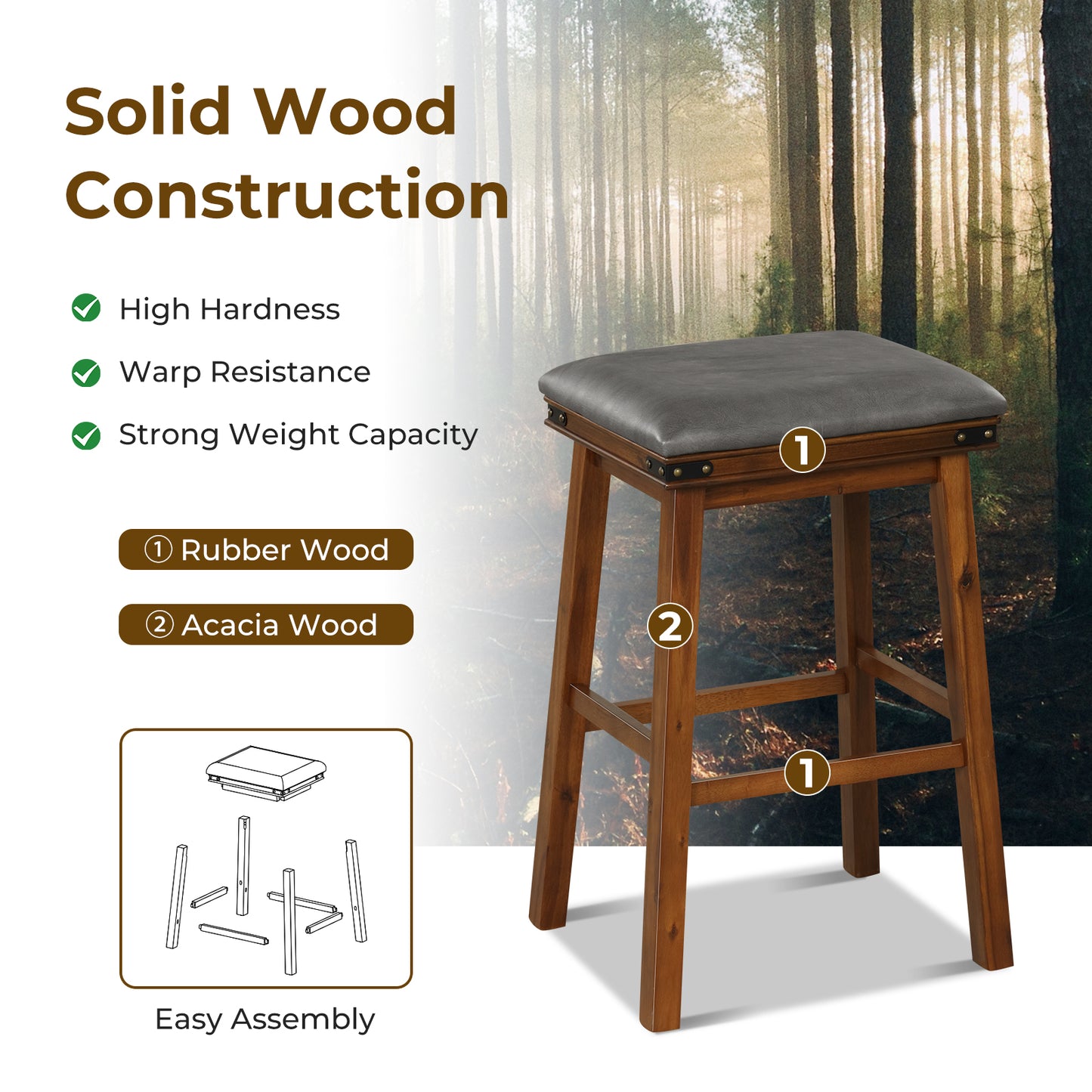 Pair of Saddle Seat Bar Stools with Brown Solid Wood Frame, 30 Inch Height