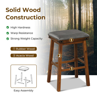 Pair of Saddle Seat Bar Stools with Brown Solid Wood Frame, 30 Inch Height