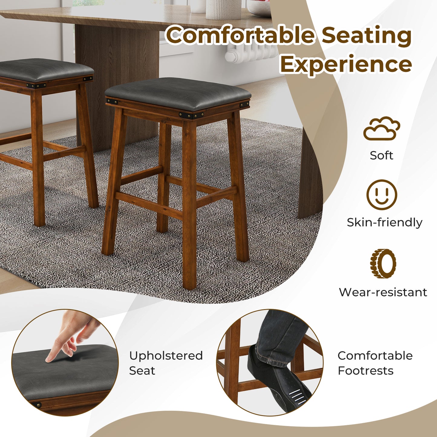 Pair of Saddle Seat Bar Stools with Brown Solid Wood Frame, 30 Inch Height