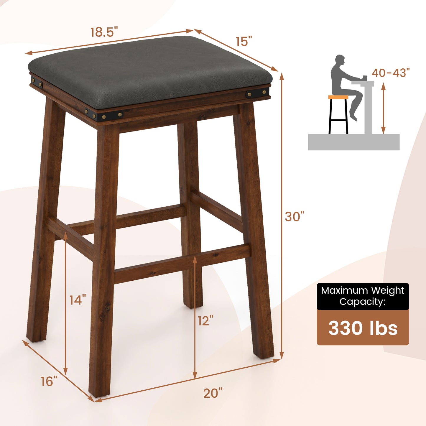 Pair of Saddle Seat Bar Stools with Brown Solid Wood Frame, 30 Inch Height