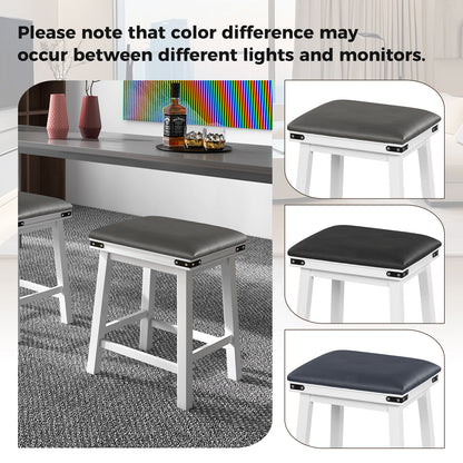 Pair of Saddle Seat Bar Stools with White Solid Wood Frame, 24 Inch Height