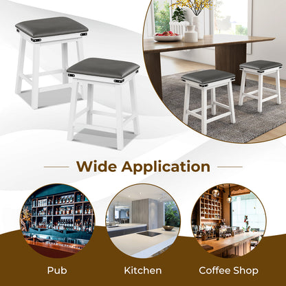 Pair of Saddle Seat Bar Stools with White Solid Wood Frame, 24 Inch Height