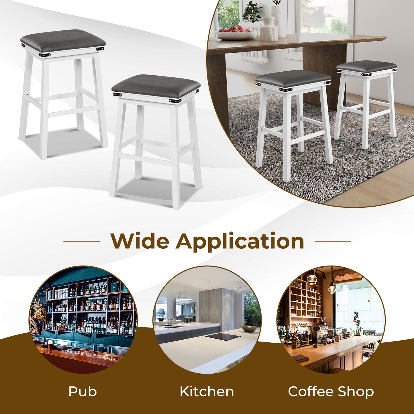 Pair of Saddle Seat Bar Stools with White Solid Wood Frame, 30 Inch Height