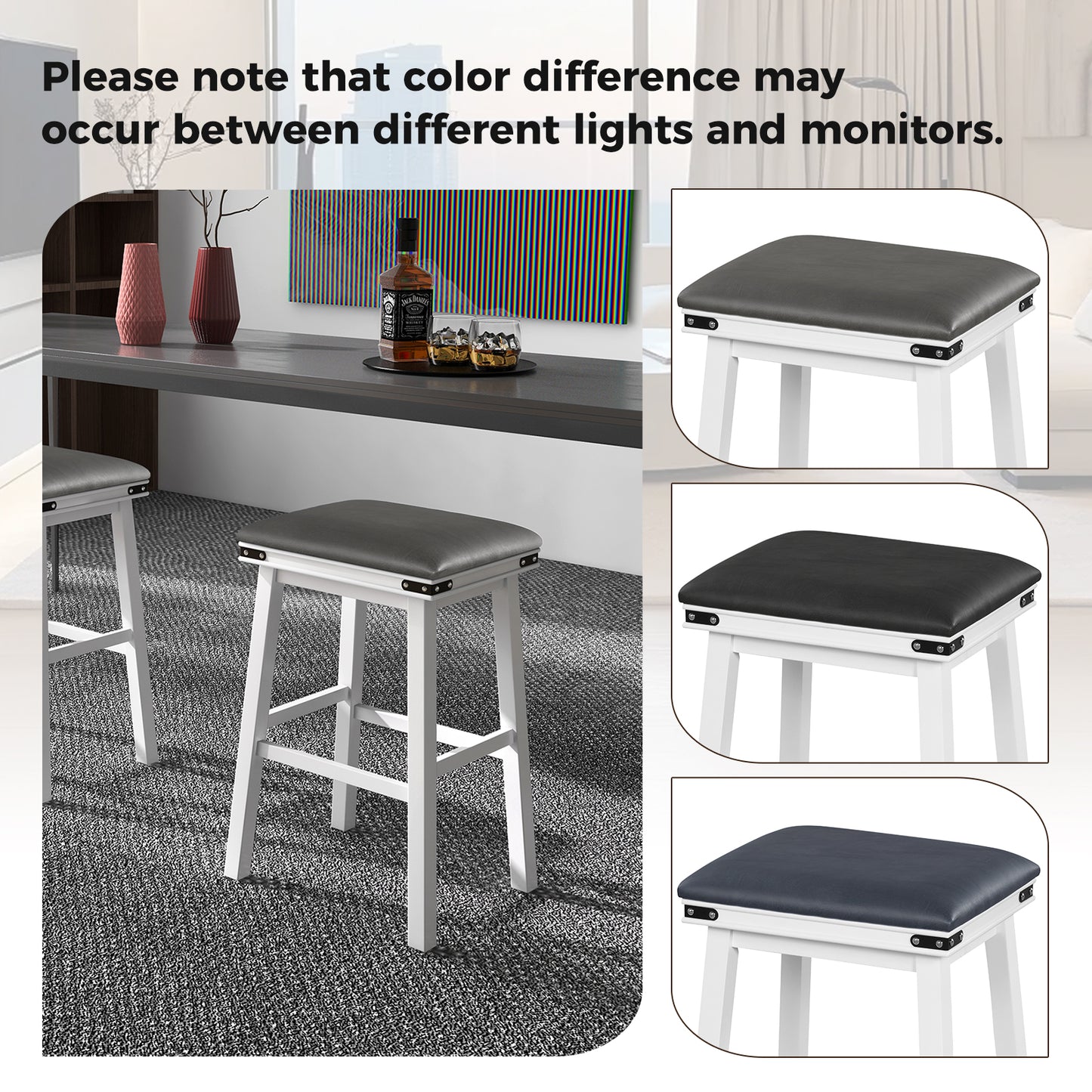 Pair of Saddle Seat Bar Stools with White Solid Wood Frame, 30 Inch Height