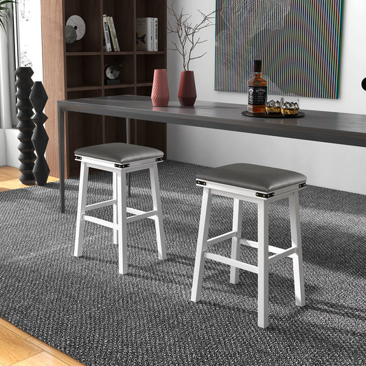 Pair of Saddle Seat Bar Stools with White Solid Wood Frame, 30 Inch Height