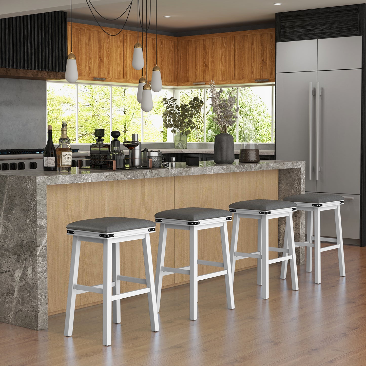 Pair of Saddle Seat Bar Stools with White Solid Wood Frame, 30 Inch Height