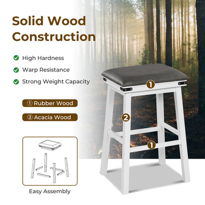 Pair of Saddle Seat Bar Stools with White Solid Wood Frame, 30 Inch Height