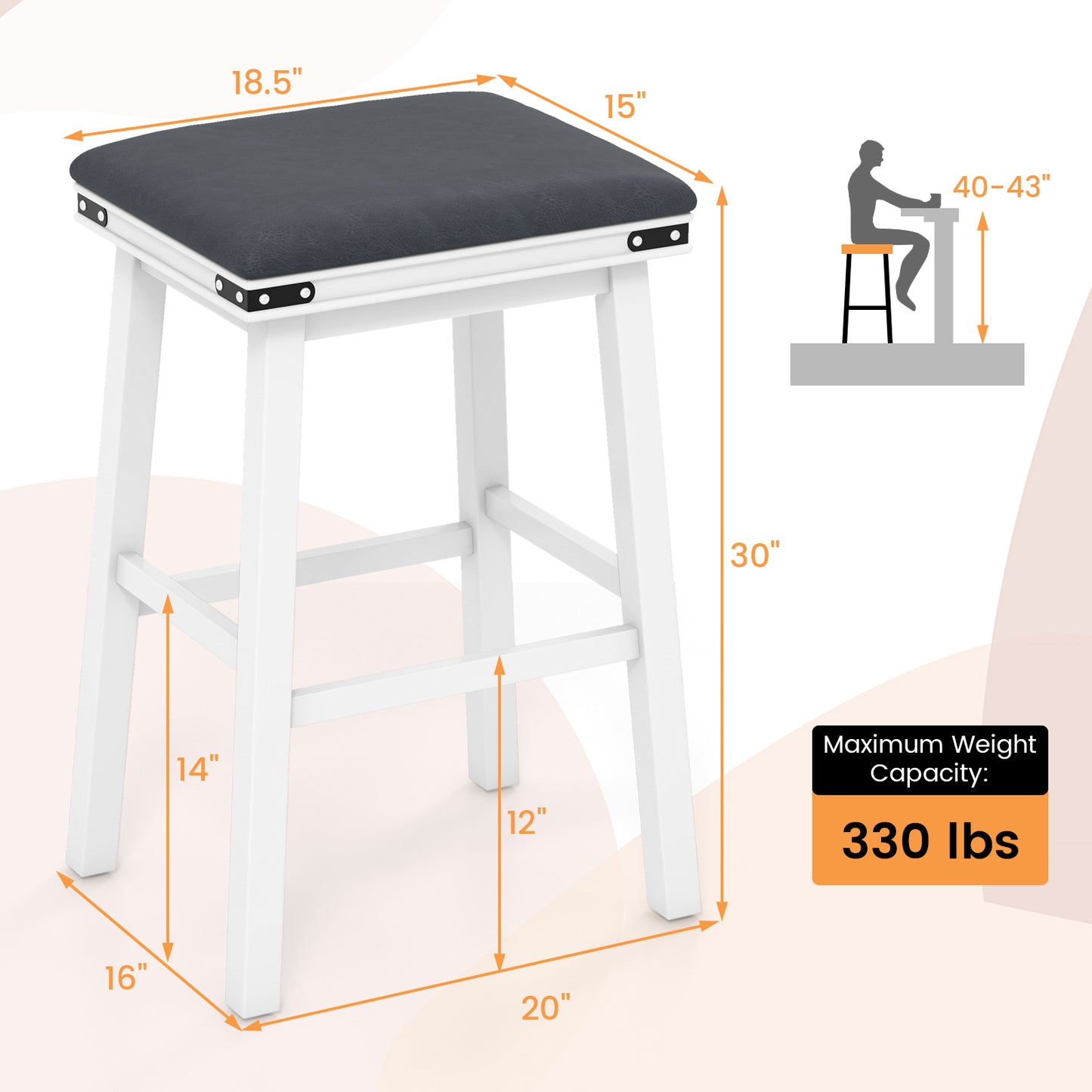 Pair of Saddle Seat Bar Stools with White Solid Wood Frame, 30 Inch Height