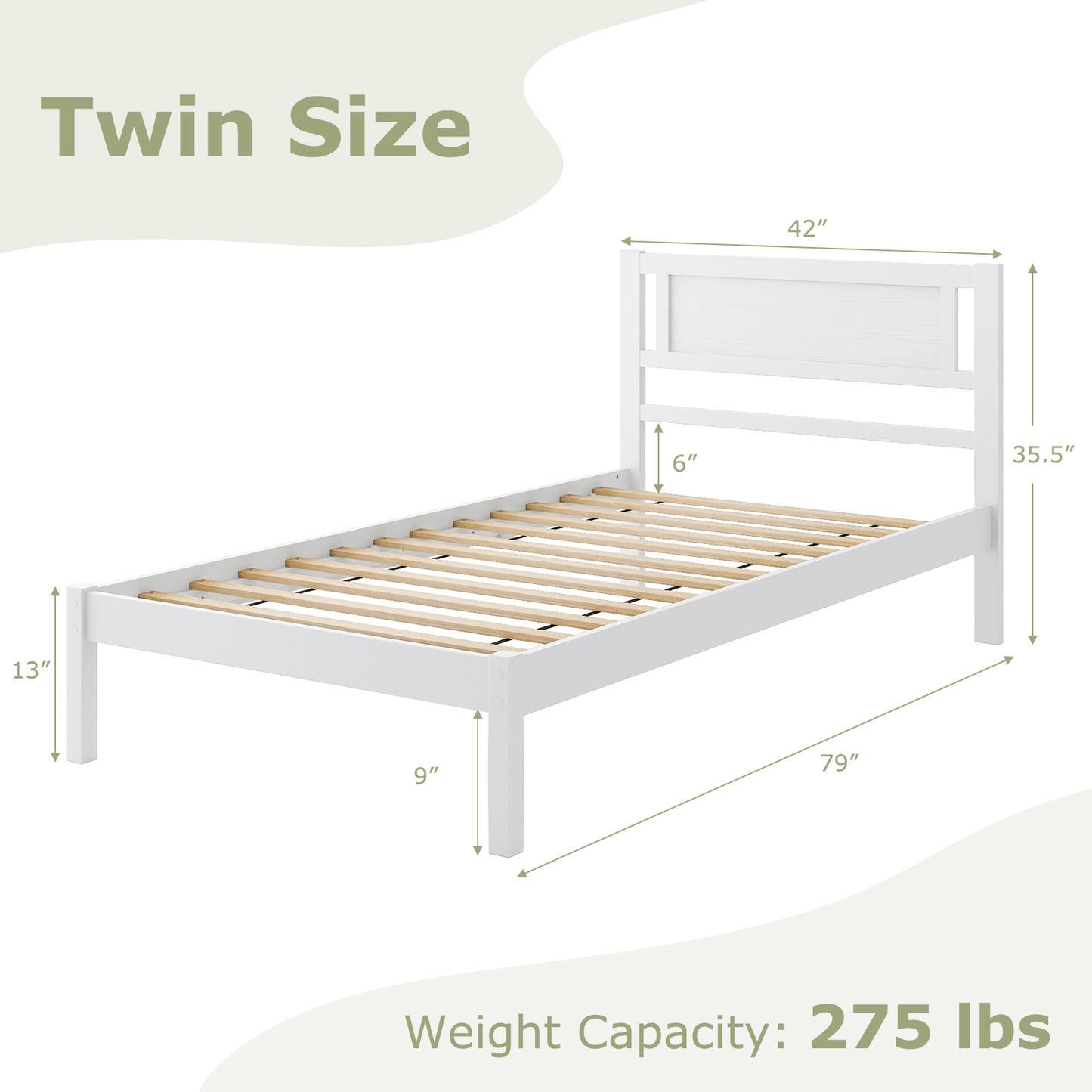 Wooden Bed Frame with Headboard and Wooden Slats Support – Twin