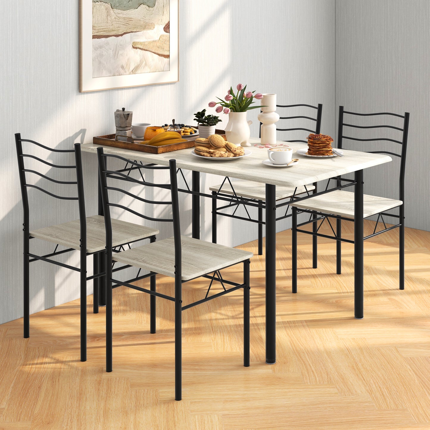 Modern 5 Piece Dining Set with Rectangular Table and Metal Frame Chairs - Natural