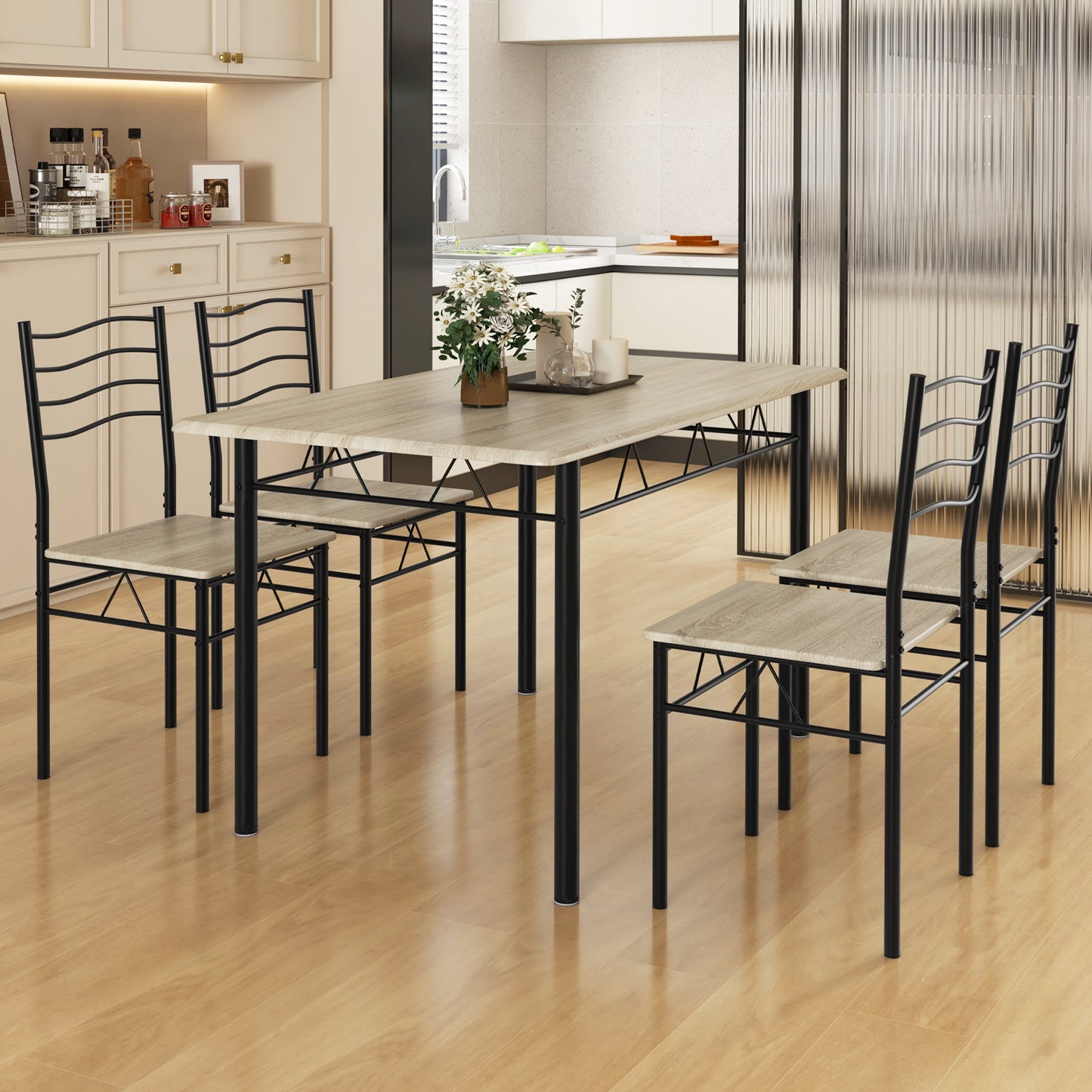 Modern 5 Piece Dining Set with Rectangular Table and Metal Frame Chairs - Natural