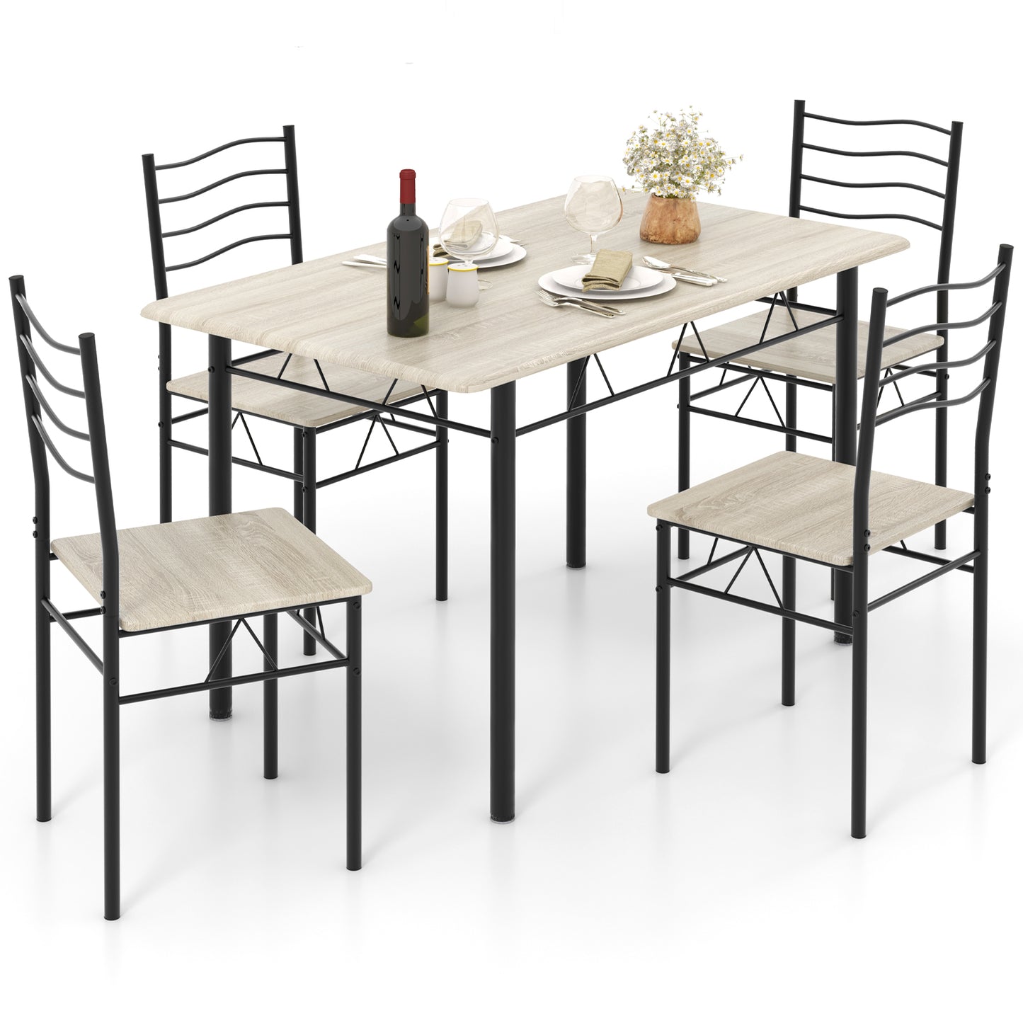 Modern 5 Piece Dining Set with Rectangular Table and Metal Frame Chairs - Natural