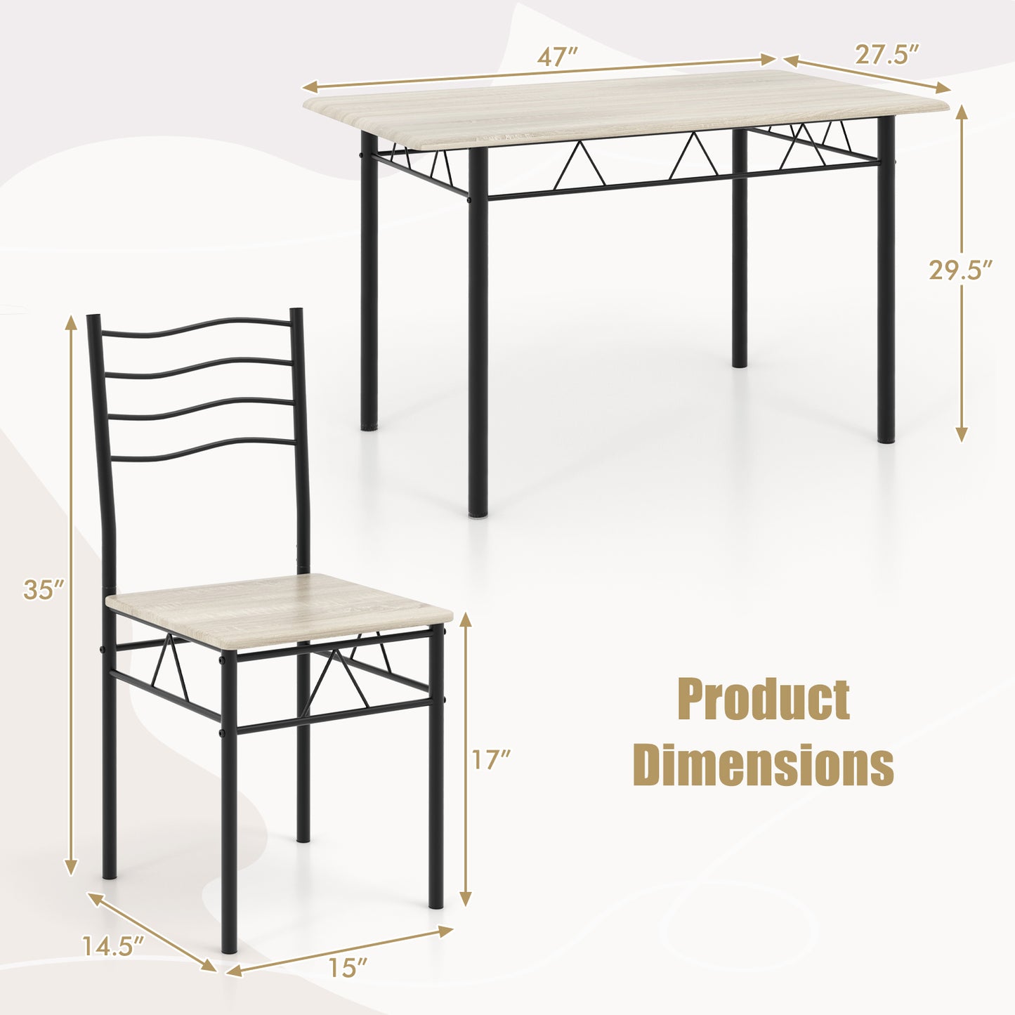Modern 5 Piece Dining Set with Rectangular Table and Metal Frame Chairs - Natural