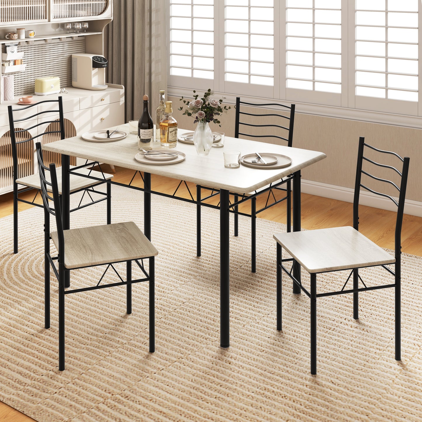 Modern 5 Piece Dining Set with Rectangular Table and Metal Frame Chairs - Natural