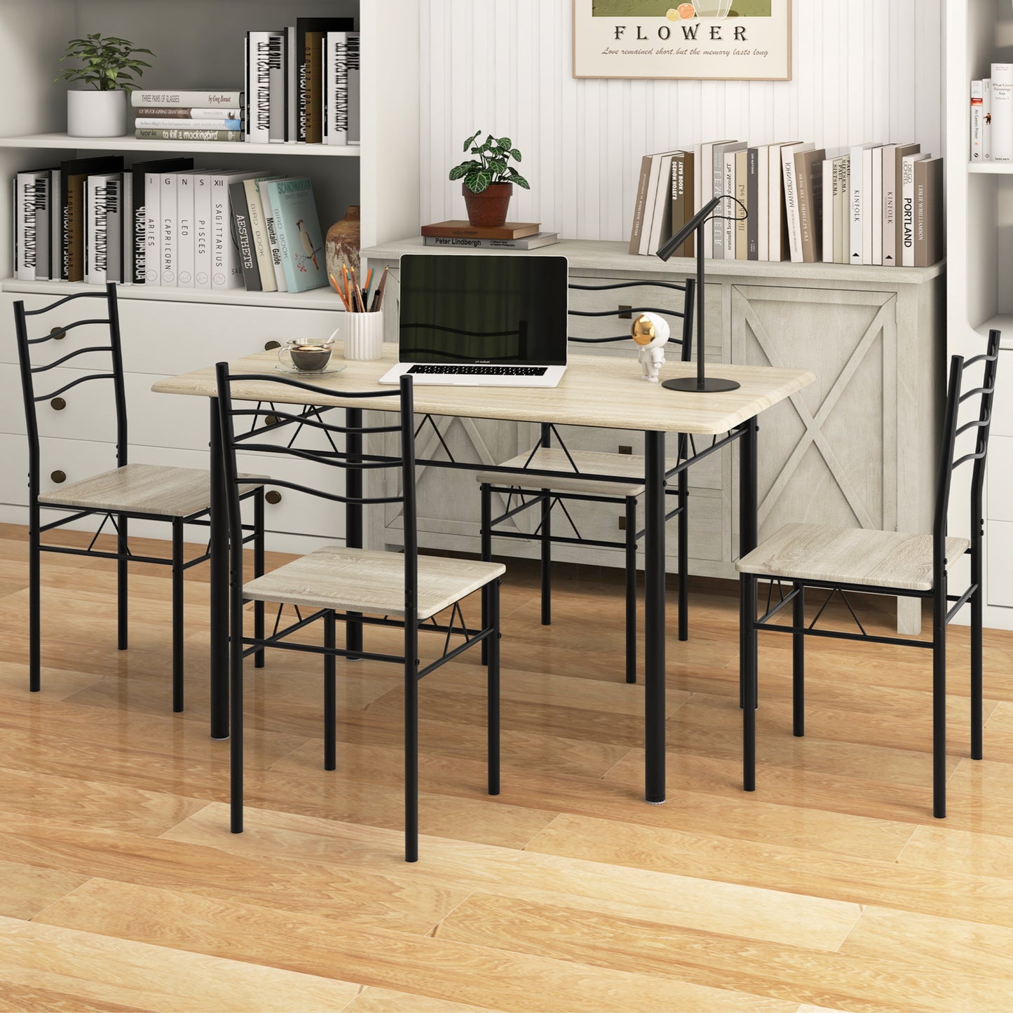 Modern 5 Piece Dining Set with Rectangular Table and Metal Frame Chairs - Natural
