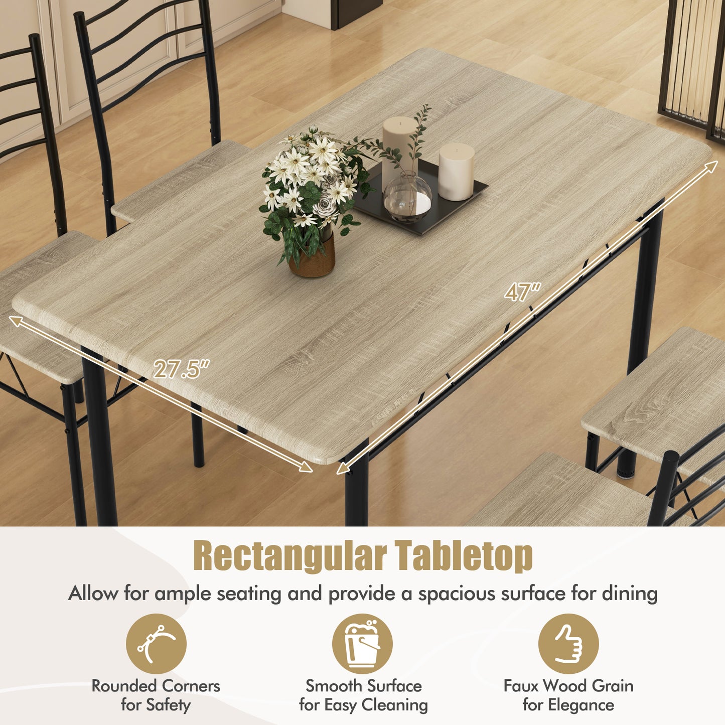 Modern 5 Piece Dining Set with Rectangular Table and Metal Frame Chairs - Natural