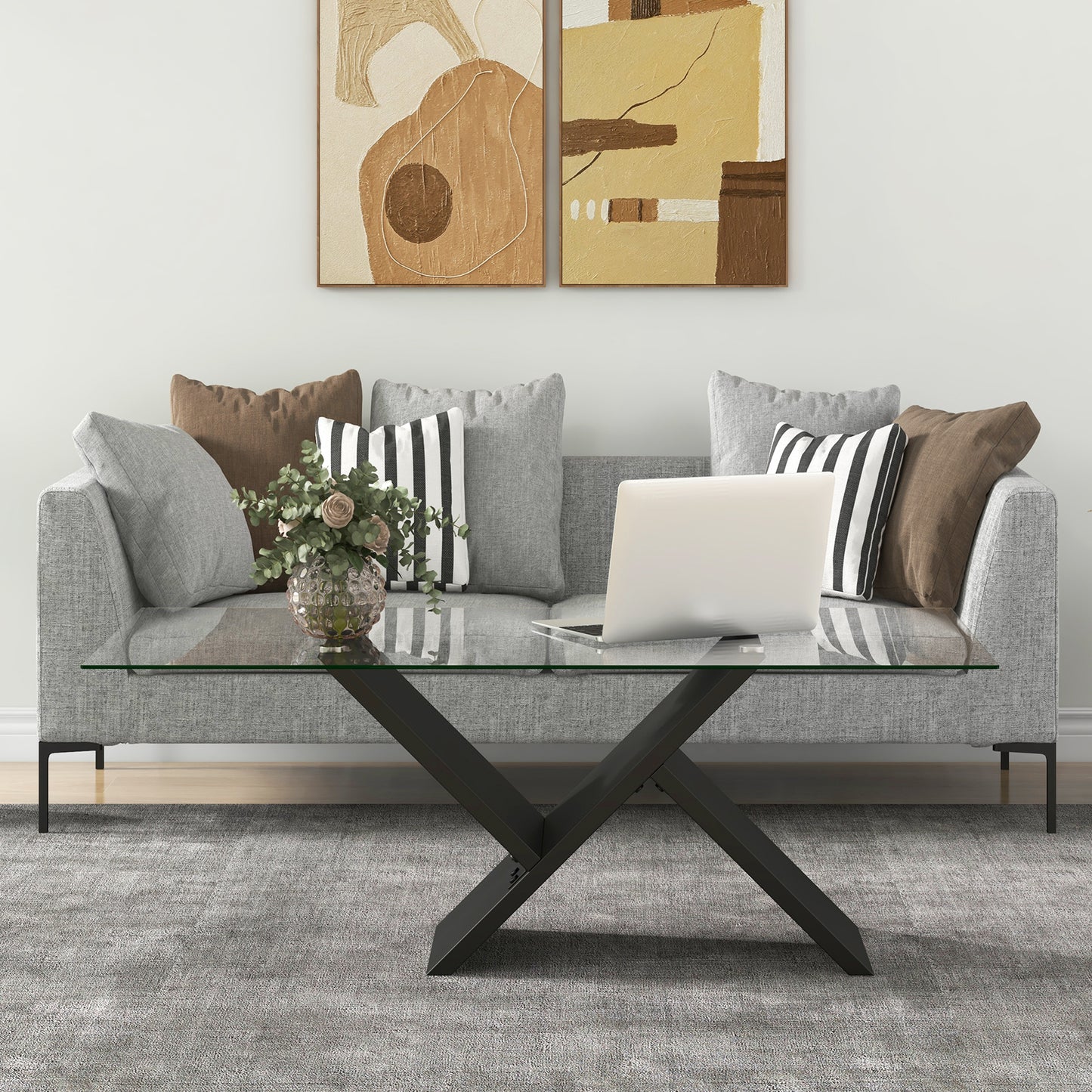 Tempered Glass Center Table with Wooden Base for Modern Living Spaces