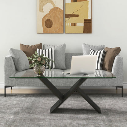 Tempered Glass Center Table with Wooden Base for Modern Living Spaces