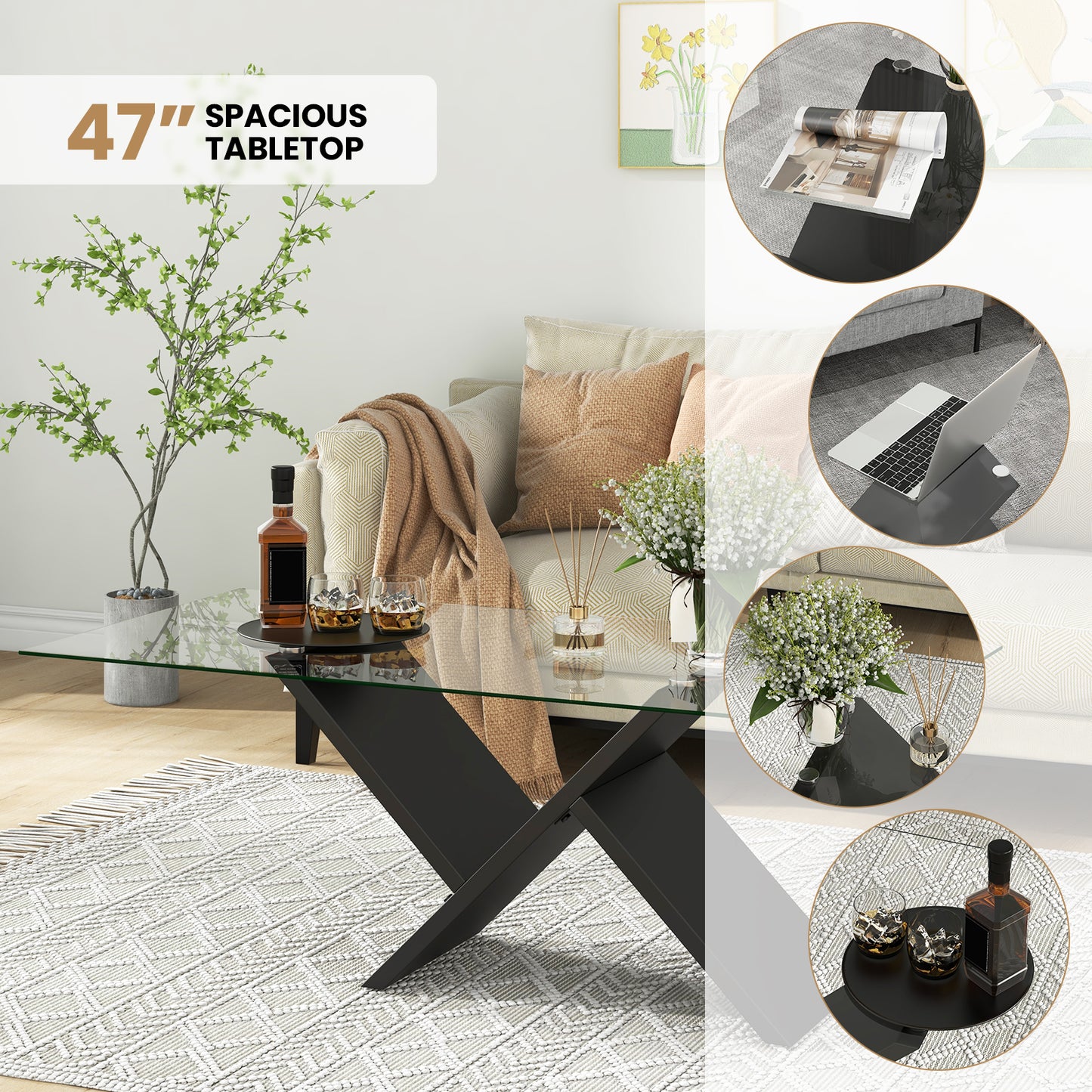 Tempered Glass Center Table with Wooden Base for Modern Living Spaces